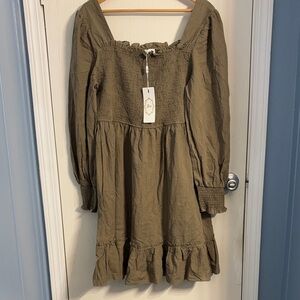 Olive Green Midi Dress with Ruffle Details